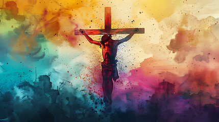 Crucifixion of Jesus, watercolour illustration, Jesus Christ on a cross