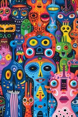 A colorful pattern of many different faces and eyes on a black background, AI