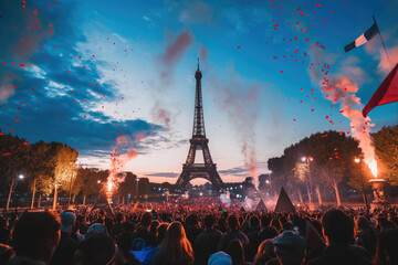 Excited sports spectators holding French flags near the Eiffel tower in Paris, France.