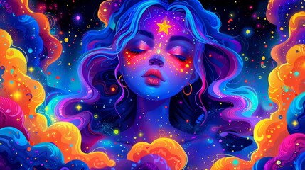 A woman with colorful hair and stars in her eyes, AI
