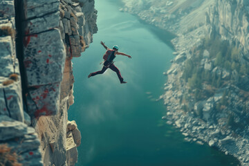 Man practicing base jumping from a cliff. One of the most dangerous extreme sport.