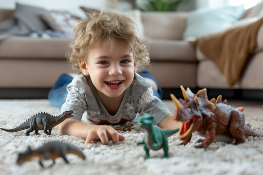 Adorable preschooler boy playing with toy dinosaurs on the floor at home.