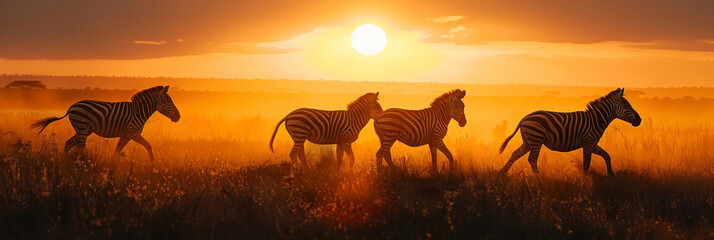 A herd of zebras runs past the horizon during sunset, silhouettes, banner background