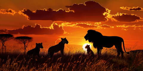 Lion family past the horizon during sunset, silhouettes, banner background