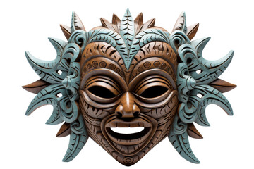 Naklejka premium A mask with a smiling face and a blue and brown design. The mask is made of wood and has a feathery look to it