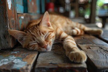 A cat sleeping on a wooden bench.