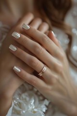 A woman with white nails and wedding rings.