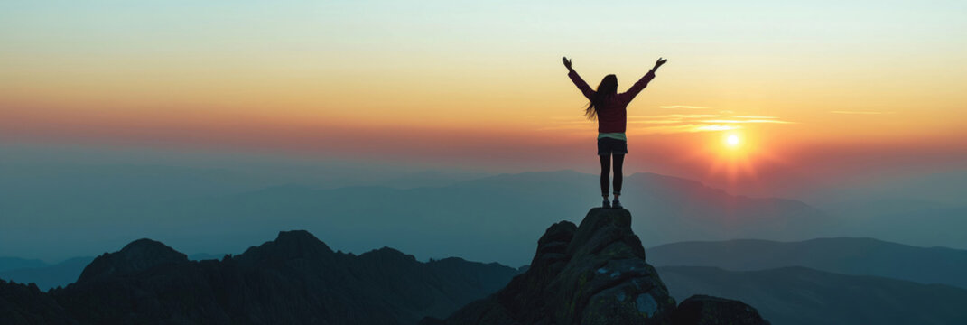 Silhouette of woman standing on top of the mountain looking at sunset or sunrise.