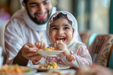 Man and Little Girl Sitting at Table Eating Food