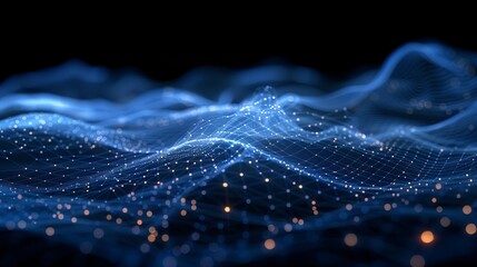 Abstract image of glowing blue and yellow dots and lines on a black background.