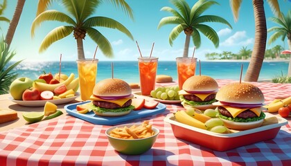 Obraz premium international picnic day with all picnic stuff including drinks fast food junk food and so many other items of eating are holding on a cloth behind it a attractive view of nature concept