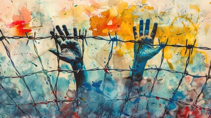 The poignant image of refugee hands reaching up against a backdrop of barbed wire on a watercolor streaked canvas encapsulates the essence of Human Rights Day