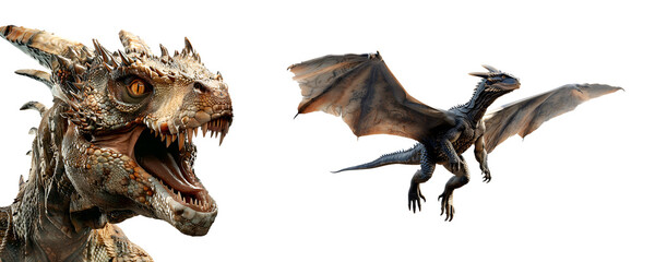 Fototapeta premium Dragon set in close up, full body and flying, Isolated on Transparent Background, PNG