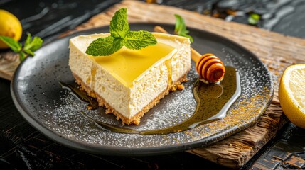 American cuisine. Lemon cheesecake with honey. 