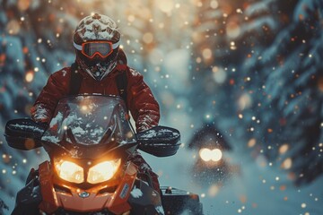 Fototapeta premium A motorcyclist with a snow-covered helmet rides through snowfall, with the bike's headlights on for visibility