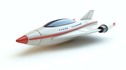 3D rendering of a retro futuristic spaceship. The spaceship is white with a red nose and has a sleek, aerodynamic design.