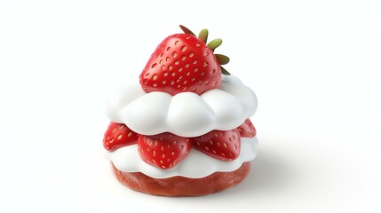 3D rendering of a strawberry cake with white cream on a white background. The cake is topped with a...