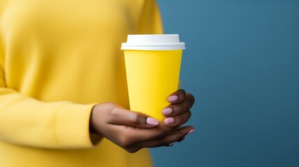 African American woman's hands holding yellow cup against a blue background