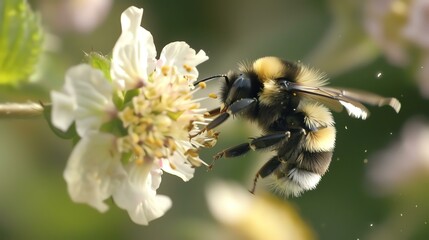 A bee pollinating a flower. The bee is covered in yellow and black fur, and the flower is white with a yellow center.