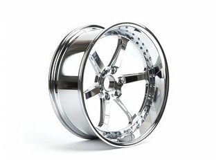 A chrome wheel with a white background.