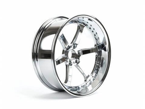 A chrome wheel with a white background.