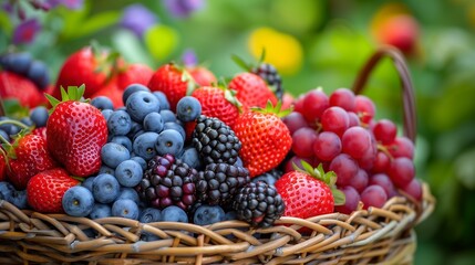 Fresh Berries in Wicker Basket Amidst Blooming Garden. harvest concept