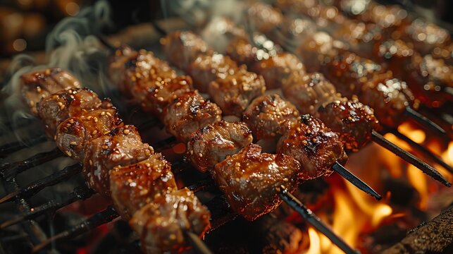 A close up of meat skewers on a grill.