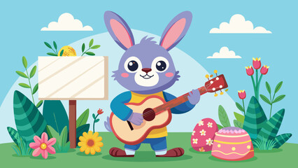 easter card easter bunny playing guitar near blank cartoon vector illustration
