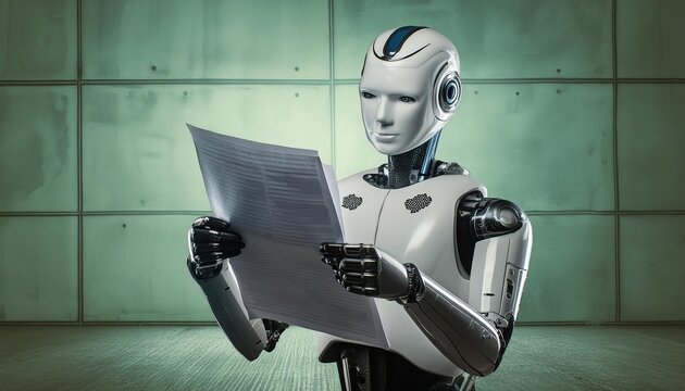Generated image of robot reading paper