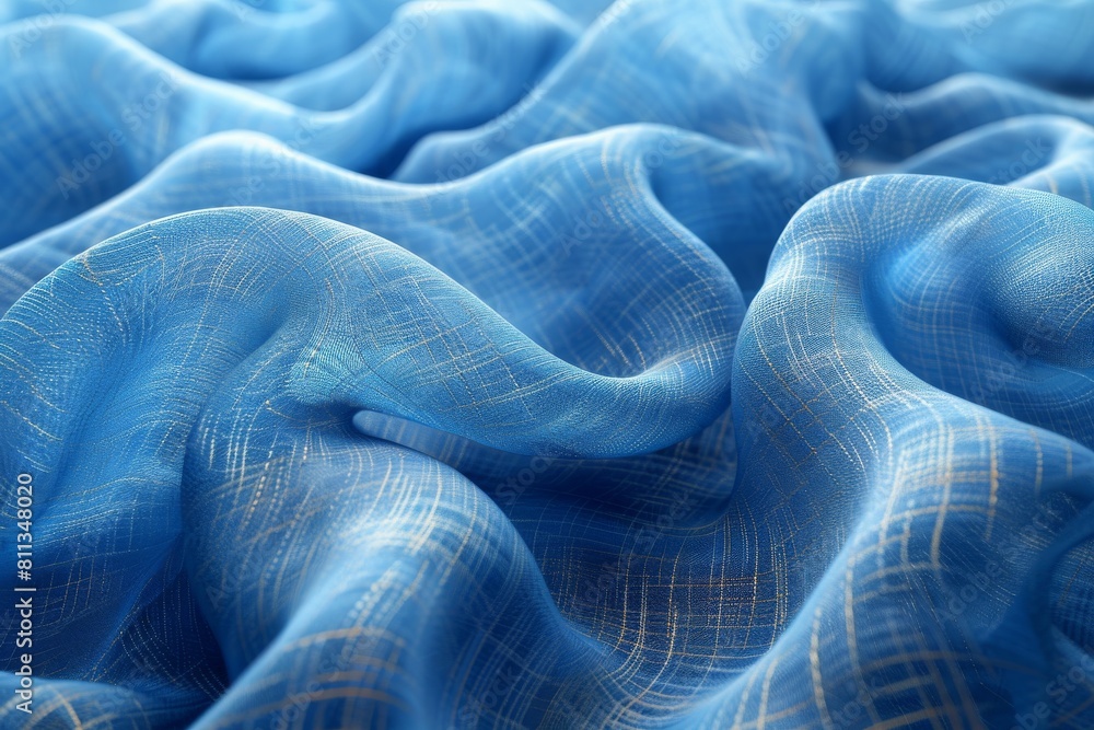 Poster detailed image of blue drapery with visible weave and checkered pattern, emphasizing texture and fab