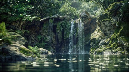 Beautiful Waterfall with Lush Green Surroundings. Tropical Jungle Environment.