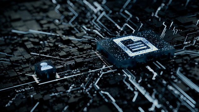 Word document Technology Concept with document symbol on a Microchip. White Neon Data flows between the CPU and the User across a Futuristic Motherboard. 3D render.