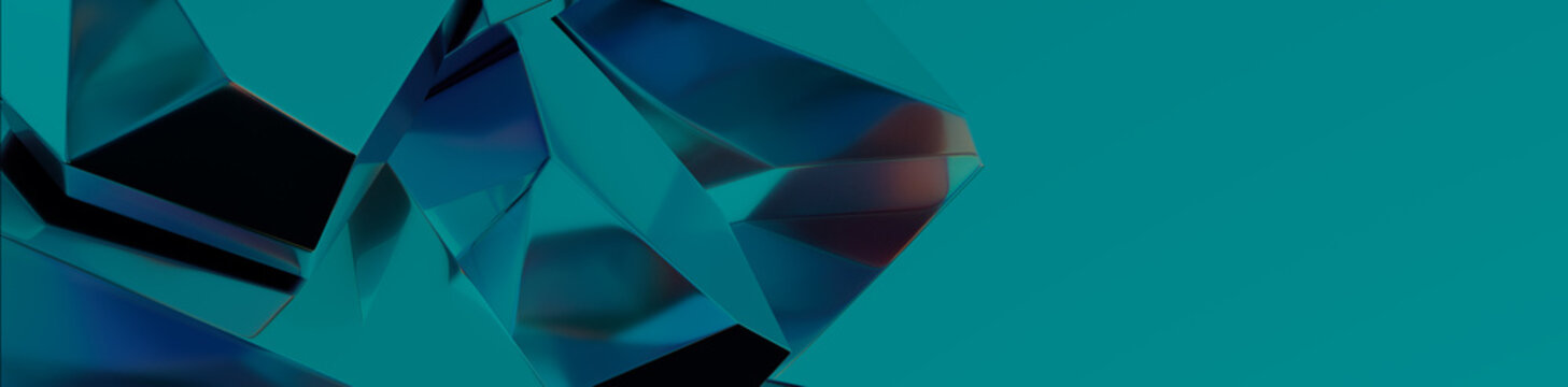 Vibrant Teal and Blue Glass Shapes form a Futuristic Luxury Banner. Glossy 3D Render with copy-space.