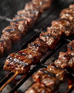 A close up of meat skewers on a grill.