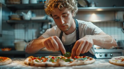 a pizza baker puts the toppings on a pizza.