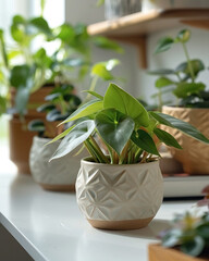House plant Philodendron in decorative clay pot on white table in living room next to the window illuminated by natural sunlight