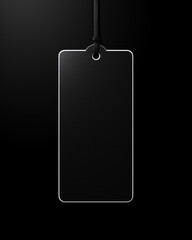 Empty, black, stylish label on rope, tag for price on minimalistic black background, concept of shopping, sales and discounts