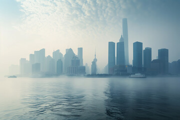 Silhouettes of tall buildings of a large city in a gray haze of gassiness from industrial emissions into the atmosphere. Concept of air protection and ecology.
