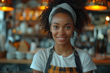 A waitress smiles warmly in a busy restaurant, donned in an apron and offering welcoming customer service vibes - Powered by Adobe