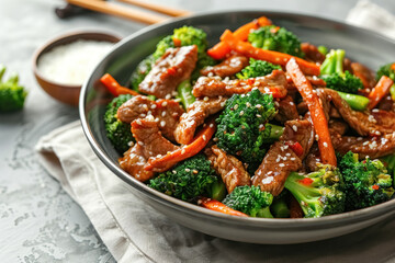 Close up of dish with broccoli, carrot and beef stir fry in bowl with chopsticks and napkin on grey concrete background, delicious asian cuisine