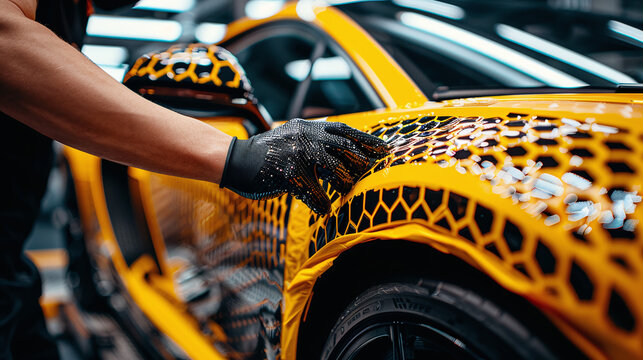 caucasian man man plotting a car with customized pattern film, carbon fiber texture