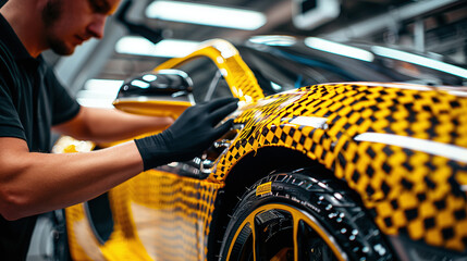 caucasian man man plotting a car with customized pattern film, carbon fiber texture
