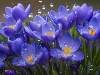 Spring's ethereal beauty. glistening blue crocuses in rain.