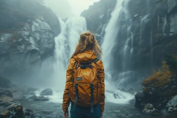 A lone adventurer wearing a bright yellow jacket stands facing a breathtaking, powerful waterfall surrounded by rugged cliffs and mist - Powered by Adobe