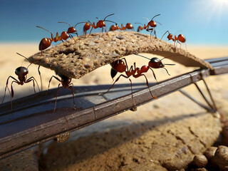Team of ants work constructing bridge, teamwork.