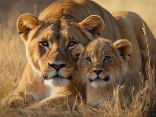 Tender embrace. Lioness and cub share love in art.
