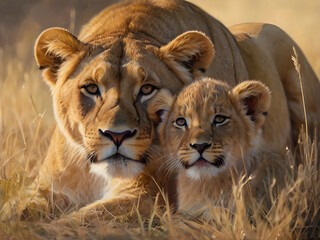 Obraz premium Tender embrace. Lioness and cub share love in art.