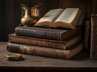 Time-worn wisdom. Weathered table, ancient books.