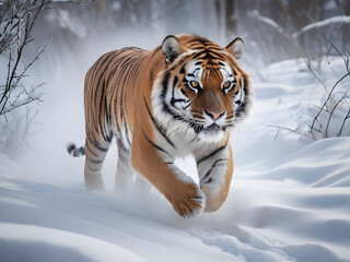 Wild Amur tiger dashes through snowy terrain. raw winter action.