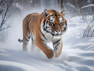 Obraz premium Wild Amur tiger dashes through snowy terrain. raw winter action.